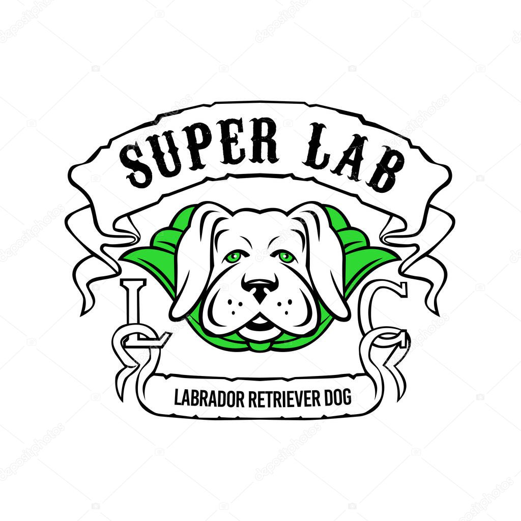 Motorcycle or biker gang style illustration of a super yellow labrador retriever dog wearing a green cape front view with ribbon or scroll with text Super Lab on isolated background in retro style.