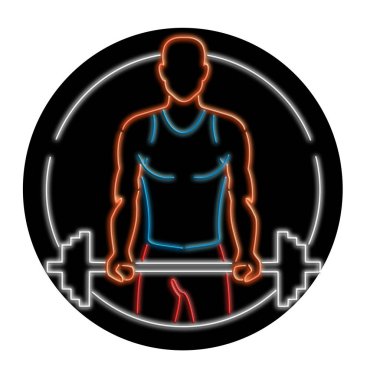 1990'larda neon tabela hafif oval siyah arka plan üzerine açık her tabela aydınlatma yaklaşık bir halter kaldırmak için bir Afro-Amerikan fiziksel uygunluk sporcunun bakıldığında gösteren retro tarzı çizim.
