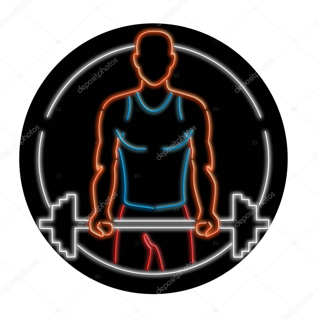 Retro style illustration showing a 1990s neon sign light signage lighting of an African American physical fitness athlete about to lift a barbell viewed from front on black oval background.