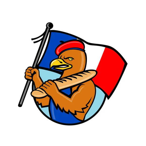 动画片样式例证法国老鹰拿着法国的旗子和 Baguette 面包设置里面圈子被隔绝的背景 — 图库矢量图片