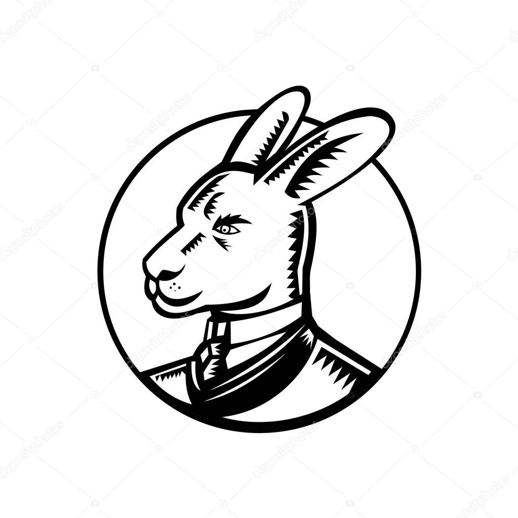Retro woodcut style illustration of a proud kangaroo wearing a Victorian gentleman style business suit looking to side of isolared white background in black and white.