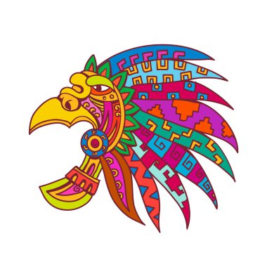 Bir antik Aztek tüylü headdress, Aztek soylular tarafından giyilen bir kostüm gösterişli ve renkli parça kroki tarzı çizimi çizim elite ve rahipler her tarafında izole beyaz arka plan rengi üzerinde bakıldığında.