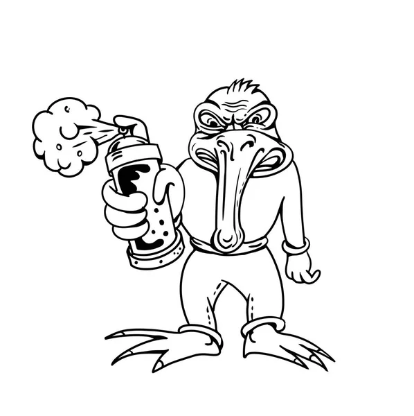 Иллюстрация Стиле Мультфильма Изображающая Птицу Граффити Держащую Руках Указывающую Банку — стоковый вектор