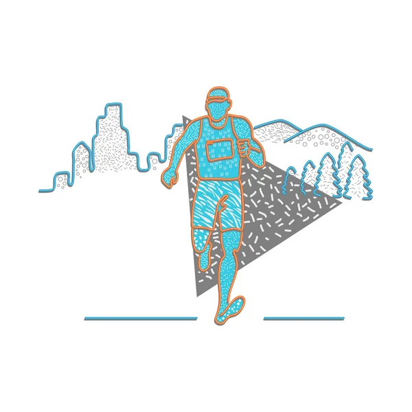 20世纪80年代孟菲斯风格的设计图例是一个跑马拉松的人 身后有建筑物和山脉 背景偏僻 — 图库矢量图片