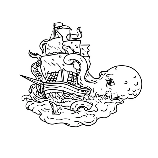 Doodle Art Illustration Kkken Legend Cephalopod 공격검은 스타일로 수행되는 파도와 — 스톡 벡터