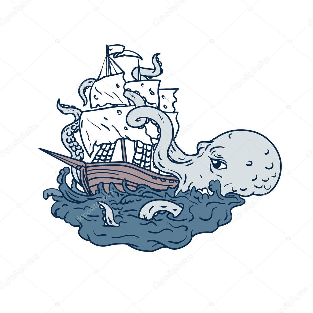 Doodle art illustration of a kraken, a legendary cephalopod-like giant sea monster attacking a sailing ship with its tentacles on sea with tumultuous waves done in sketch drawing style.