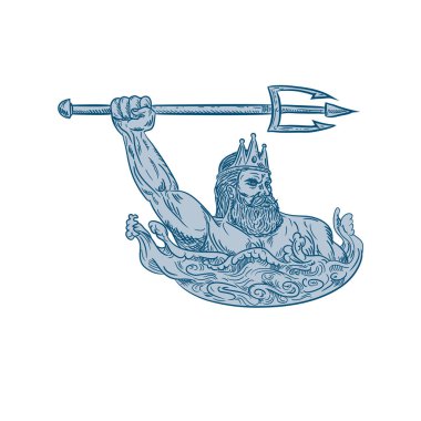 Drawing sketch style illustration of Triton, a Greek god, the messenger of the sea, son of Poseidon and Amphitrite, wielding trident on sea with waves on isolated white background in color. clipart