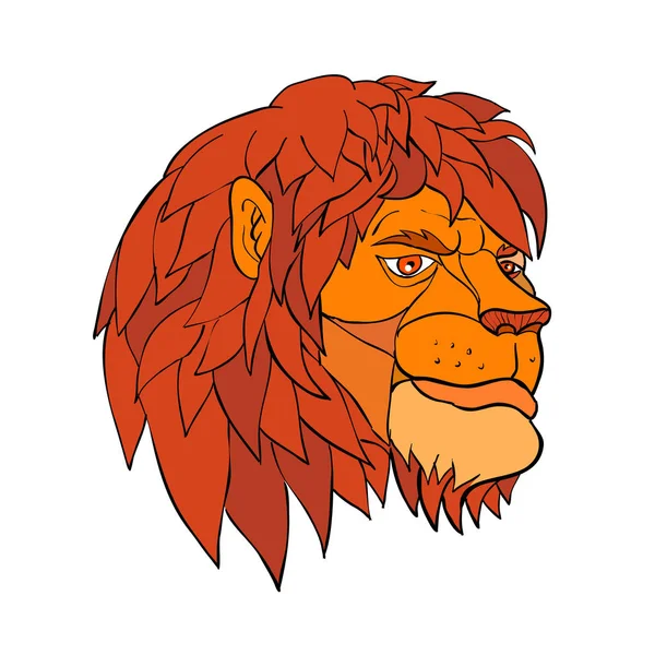 Ilustrasi Gaya Kartun Kepala Singa Dengan Surai Penuh Merenung Dalam - Stok Vektor
