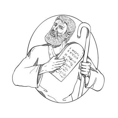 Drawing sketch style illustration of Moses, a prophet in the Abrahamic religions holding the Ten Commandments tablet and his staff set inside oval on isolated white background done in black and white. clipart