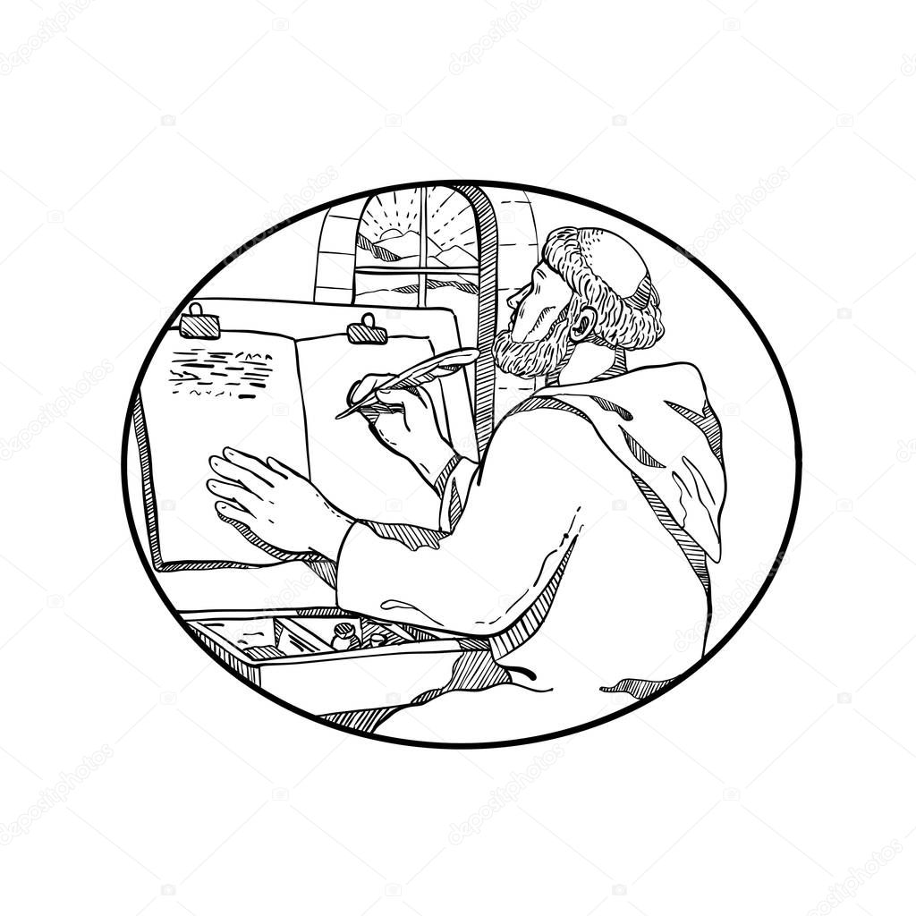 Drawing sketch style illustration of a monastic medieval monk writing illuminated manuscript inside European monastery or scriptorium set inside oval on isolated white background in black and white.