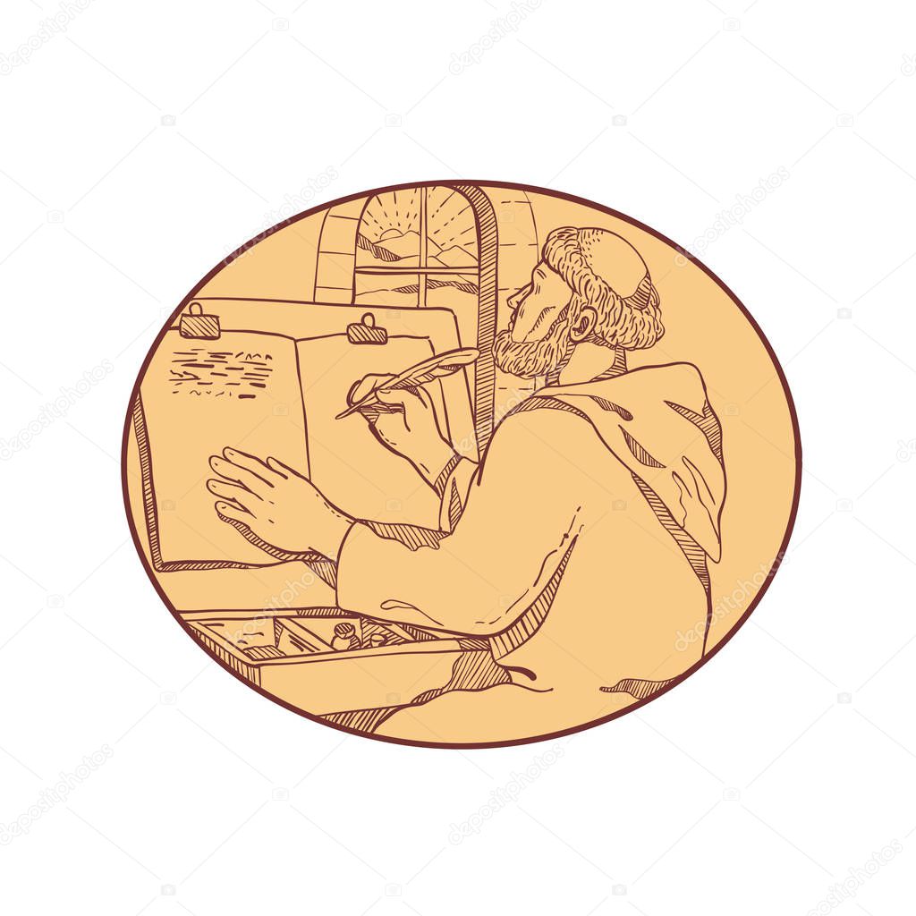 Drawing sketch style illustration of a monastic scribe or medieval monk writing illuminated manuscript inside European monastery or scriptorium set inside oval on isolated white background in color.