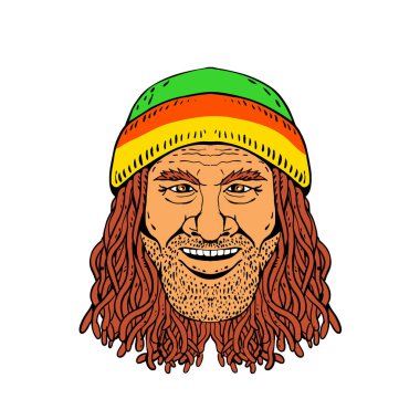 Baş bir Rastafarian, Rastafari veya adam Rastafarianism bir bere ve dreadlocks tam renkli beyaz arka plan üzerinde giyen, pratik çizim kroki tarzı gösteren resim.
