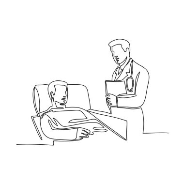 Continuous line illustration of doctor, surgeon or physician with patient on hospital bed done in monoline style in black and white. clipart