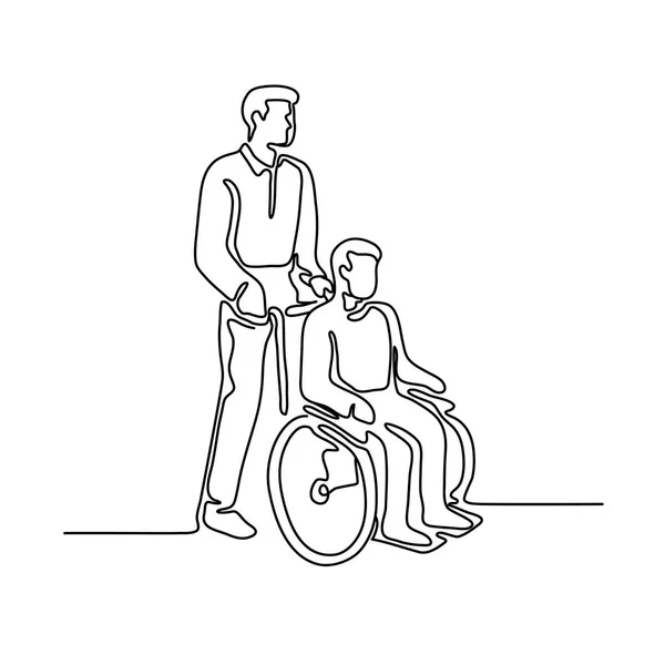 Illustration Ligne Continue Patient Hospitalisé Une Personne Handicapée Assise Poussée — Image vectorielle