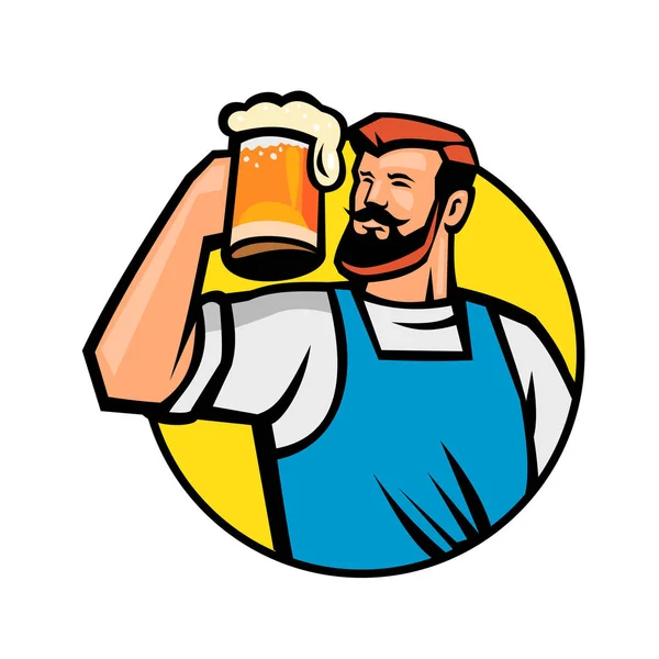 吉祥物图标说明的胸围 一个胡须的嬉皮士的半身像 烤了一杯啤酒或啤酒设置内的圆圈 从前面的孤立的背景 复古风格 — 图库矢量图片