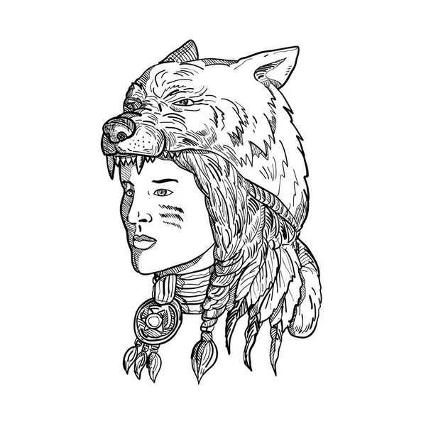 Dessin Une Femme Amérindienne Portant Une Coiffure Loup Couvre Chef — Image vectorielle