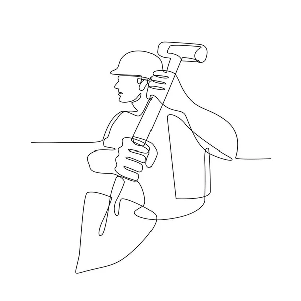 Continuous Line Illustration Construction Worker Handyman Gardener Holding Spade Shovel — Stock Vector