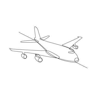 Jumbo jet yolcu uçağı uçağı veya tam uçuş siyah ve beyaz monoline tarzında yapılan havada uçan uçak sürekli çizgi çizimi.