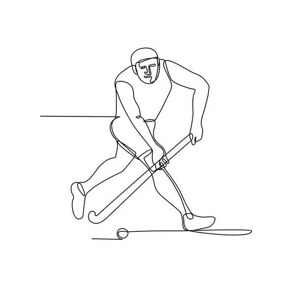 Illustrazione Continua Giocatore Hockey Prato Con Bastone Hockey Esecuzione Colpire — Vettoriale Stock