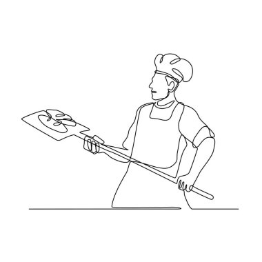 Siyah ve beyaz monoline tarzında yapılan yan her bakıldığında bir fırın kabuğu tutan bir fırıncı sürekli çizgi çizimi.