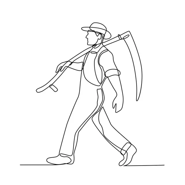 Continuous Line Illustration Organic Farmer Walking Carrying Scythe Viewed Side — Stock Vector