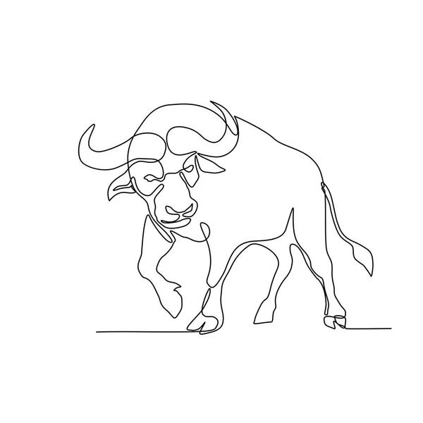 连续线例证非洲水牛或海角水牛 一个大非洲牛 即将充电或攻击做在黑色和白色单素样式 — 图库矢量图片