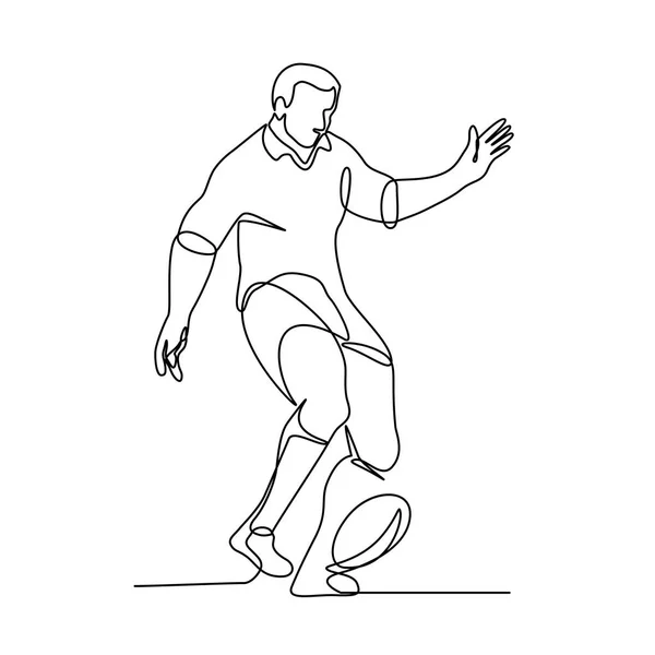 Ilustración Línea Continua Jugador Rugby Pateando Pelota Para Gol Campo — Archivo Imágenes Vectoriales