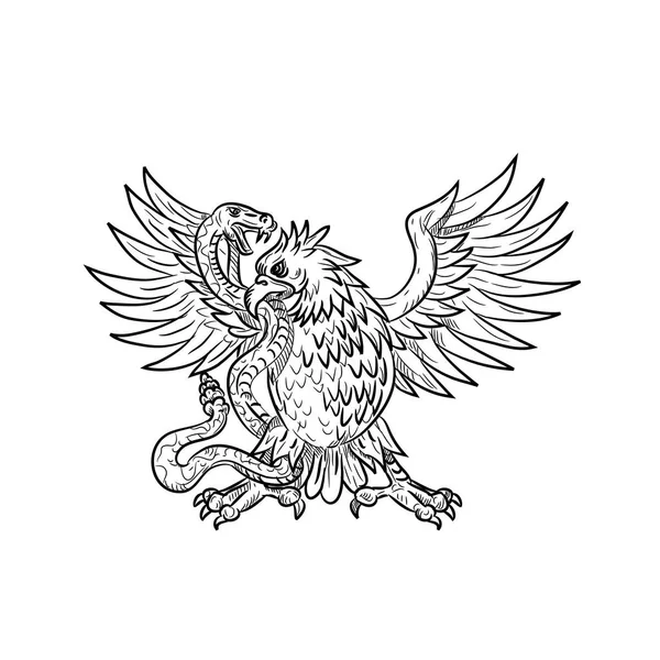 画素描样式例证墨西哥老鹰 金鹰或北冠卡拉卡拉战斗响尾蛇 蛇或蛇在黑色和白色在孤立的背景 — 图库矢量图片
