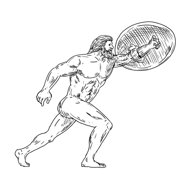 Herakles med sköld uppmanar fram ritning svart och vitt — Stock vektor
