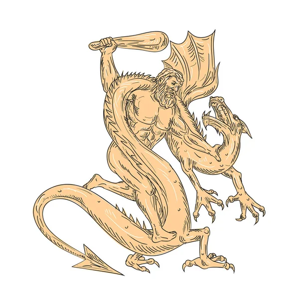 Hercules Fighting Dragon Drawing Color — Stock Vector