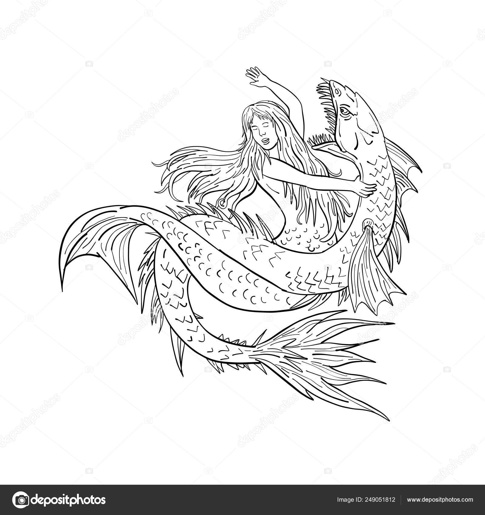 Illustrazione Serpente Disegno Bianco E Nero Sirena Che