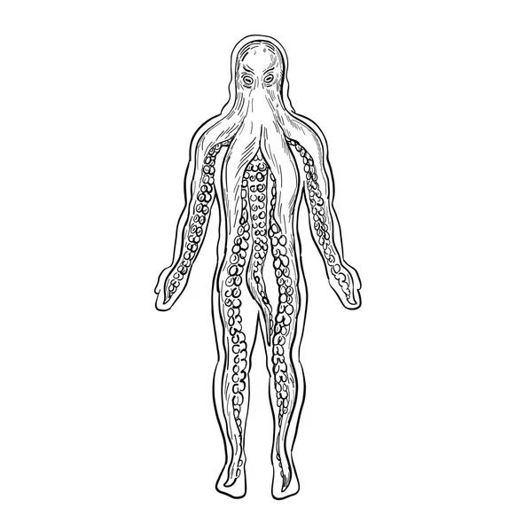 Pulpo alienígena dentro del cuerpo humano Dibujo blanco y negro — Vector de stock