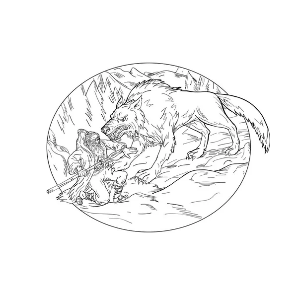 Fenrir Atacando al Dios Nórdico Odin Dibujo Blanco y Negro — Vector de stock