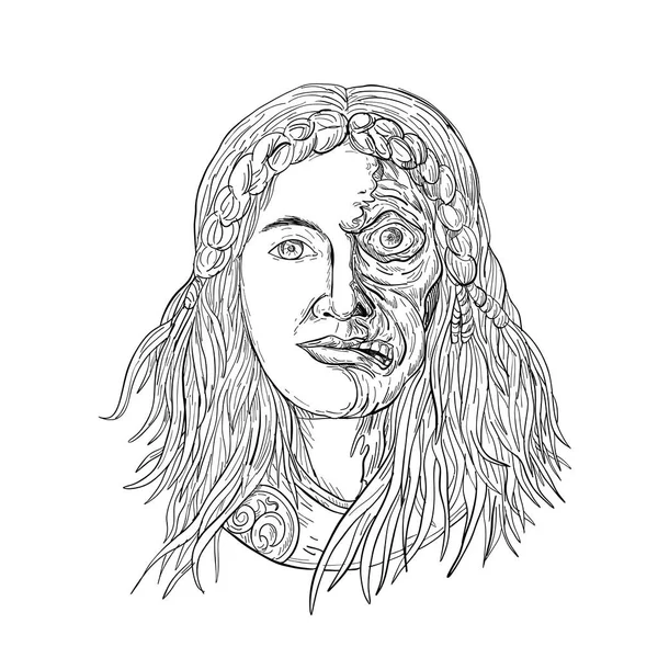 Fornnordiska gudinnan Hel ansikte främre ritning svart och vitt — Stock vektor