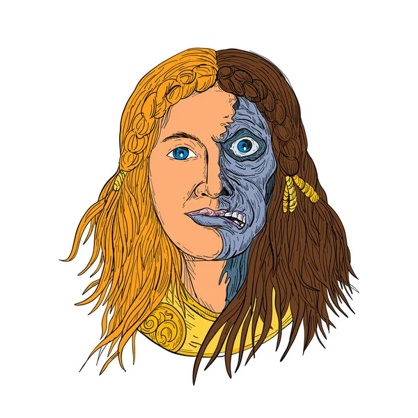Hel Norse Goddess Face Front Drawing Color — Stock Illustration Hel Norse Goddess Face Front Drawing Color Vector Graphics