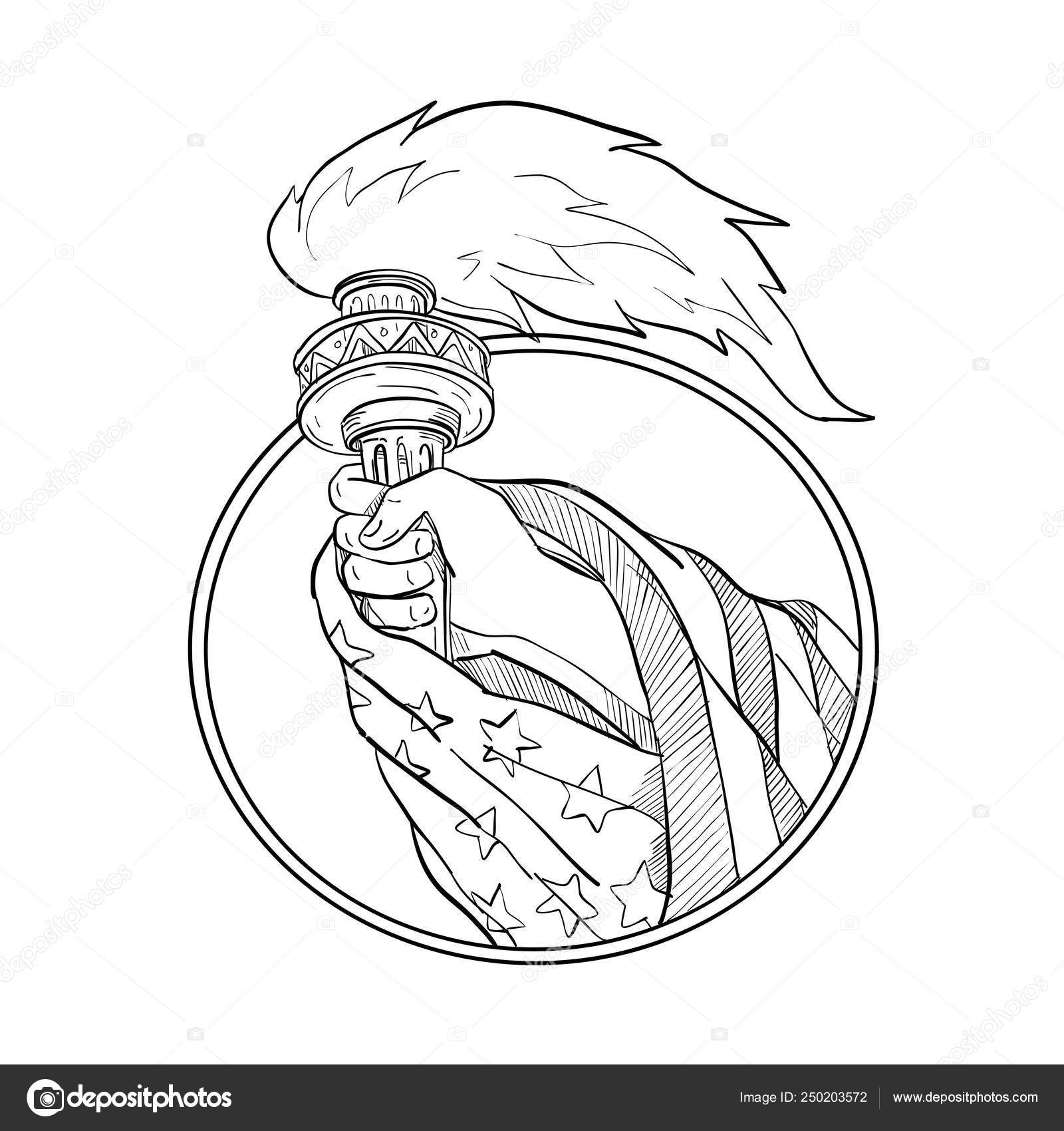 Mano Che Tiene La Statua Della Libertà Torcia Disegno Bianco