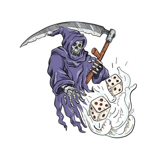 Grim Reaper Lanzando los dados Dibujo Color — Archivo Imágenes Vectoriales