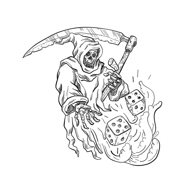 The Grim Reaper Rolling the Dice Dibujo Blanco y Negro — Vector de stock