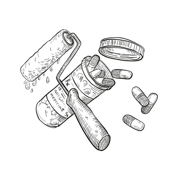 Rouleau de peinture médecine pilule bouteille dessin noir et blanc — Image vectorielle