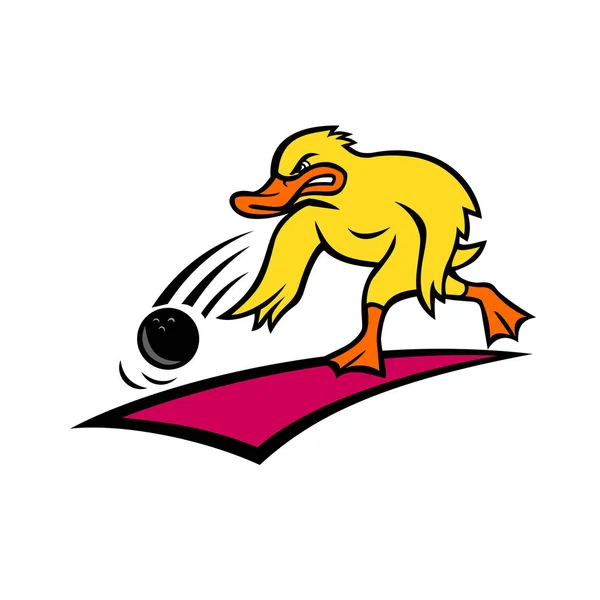 Pato Bowler Bowling Ball Mascota Dibujos animados — Archivo Imágenes Vectoriales