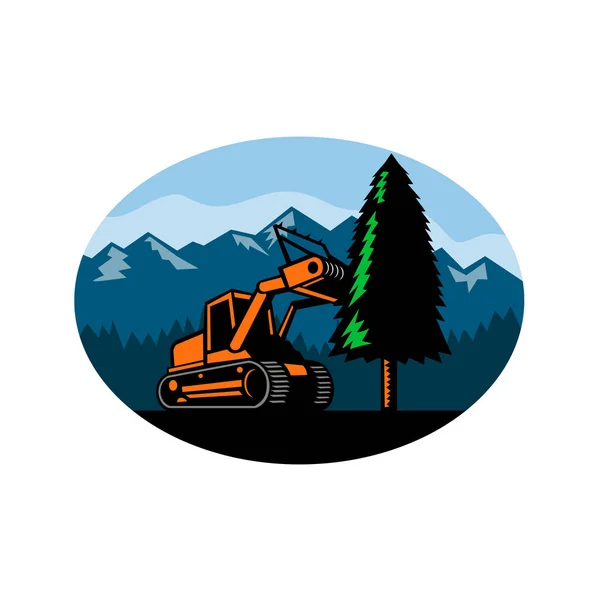 Forestry Mulcher Tearing Tree Oval Retro — Stock Vector