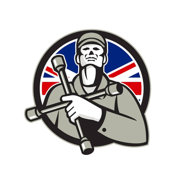 イギリスのタイヤ技術者ラグナット レンチ連合ジャックの旗サークル アイコン — ストックベクタ
