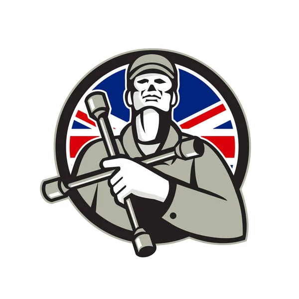 Brit gumiabroncs technikus Lug Union Jack jelző kör csavarkulcs menüre — Stock Vector