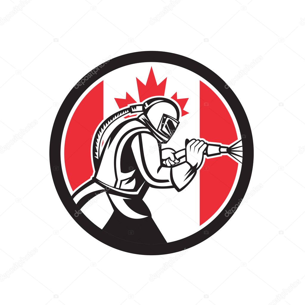 Mascot icon illustration of a Canadian sandblaster or sand blaster abrasive blasting viewed from side set inside circle with Canada flag on isolated background in retro style.