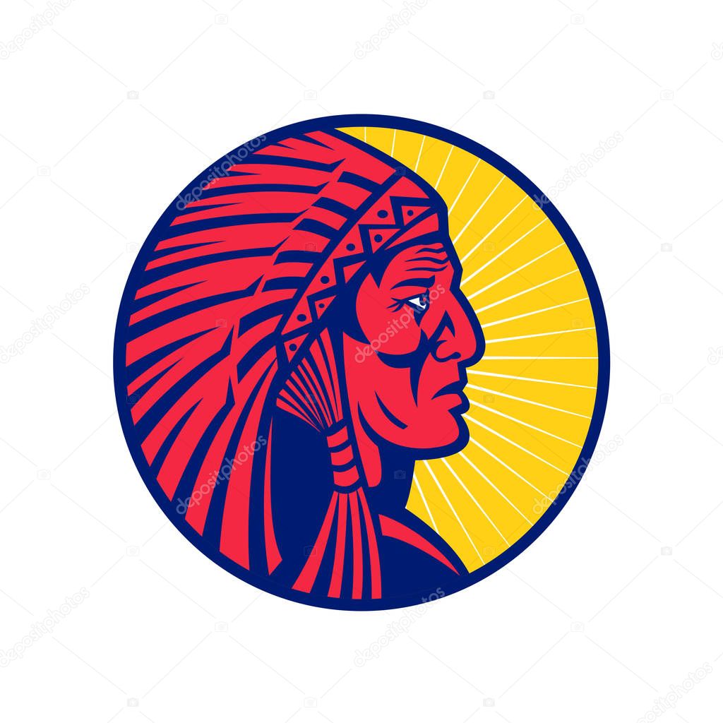 Mascot icon illustration of head of an old Native American Indian chief wearing feather headdress or war bonnet viewed from side set inside circle on isolated background in retro style.