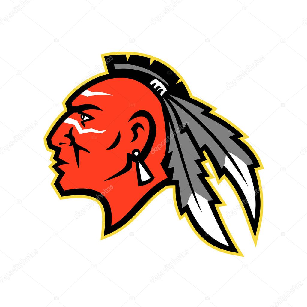 Mascot icon illustration of head of a Mohawk brave, chief or warrior, tribe of the Haudenosaunee, or Iroquois Confederacy, an Iroquoian-speaking indigenous people of North America in retro style.