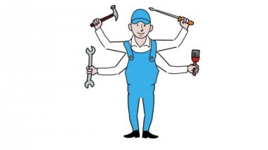 Hd yüksek çözünürlüklü alfa mat beyaz ve yeşil ekranda bir çekiç, spanner, tornavida ve paintbrush tutan dört elleri ile bir handyman 2d Animasyon çizgi film karakteri.