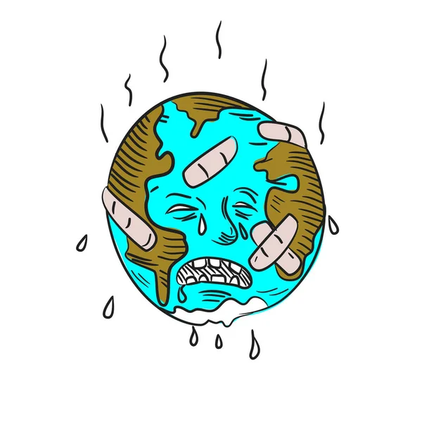 Earth Sad and Crying Doodle — Stock Vector