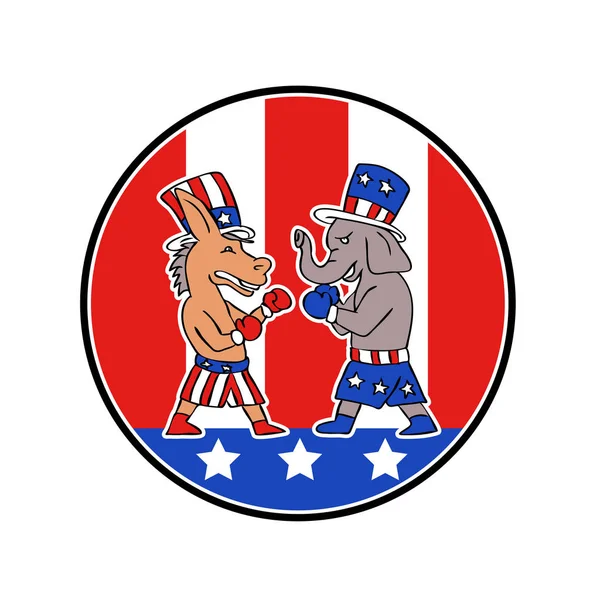 American Donkey and Elephant Boxing USA Flag Doodle — Stock Vector