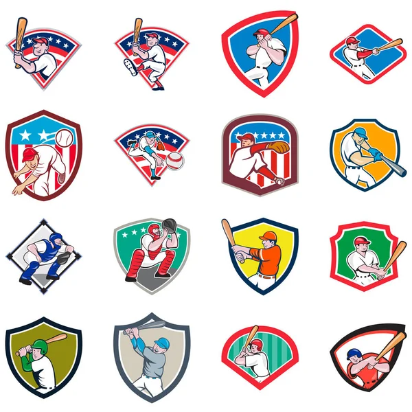 Set di icone dello scudo del giocatore di baseball — Vettoriale Stock